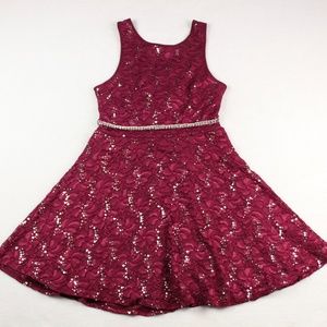 Burgundy Silver Glitter Fit Flare Formal Dress